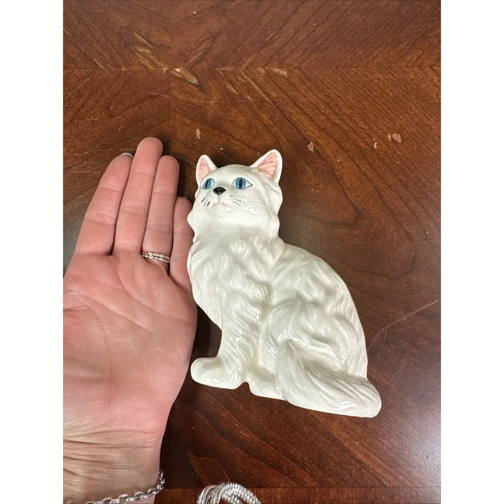 Vintage Small White Long Hair Cat Figurine Porcelain